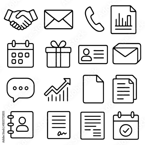 Business Icons: A collection of concise business icons, illustrating a variety of essential elements from networking to documents.