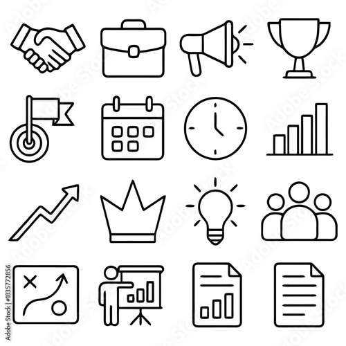 Business Icon Collection: A meticulously curated array of iconic symbols representing the essential elements of the business world, perfect for visual communication.