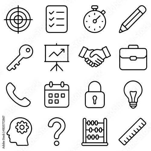 Business Icons Set: A carefully curated collection of minimalist icons, illustrating key elements and tools essential for business, designed to visually represent various business concepts.