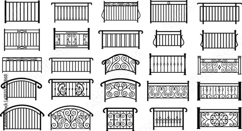 Collection of decorative balcony railing designs, wrought iron fence vector illustrations, ornate metal balusters and guardrail patterns for architecture and construction projects