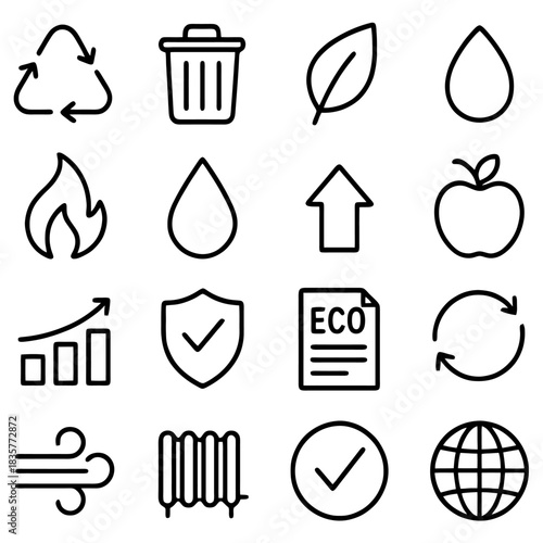 Eco-Friendly Symbols: A collection of meticulously crafted, clean line icons, showcasing a range of vital environmental symbols. Each icon, from the recycling symbol to the water droplet.
