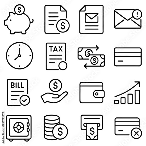Financial Icon Array: A carefully curated array of financial icons designed to represent a diverse range of monetary concepts, offering a clean, simple.