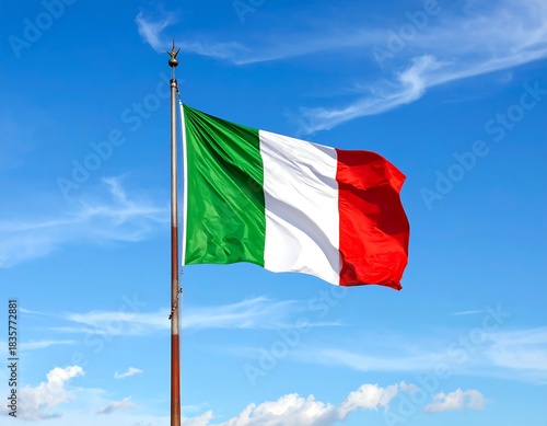 The Italian flag waving proudly against a vibrant, clear, blue sky