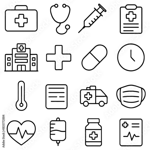 Essential Medical Icons: A concise collection of vital healthcare symbols, representing essential medical tools and concepts for healthcare or medical education. 