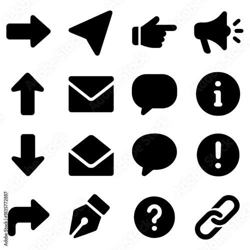 Icon Collection for Modern Communication: A set of stylized icons representing various communication symbols, perfect for web design, app interfaces, and digital content creation.