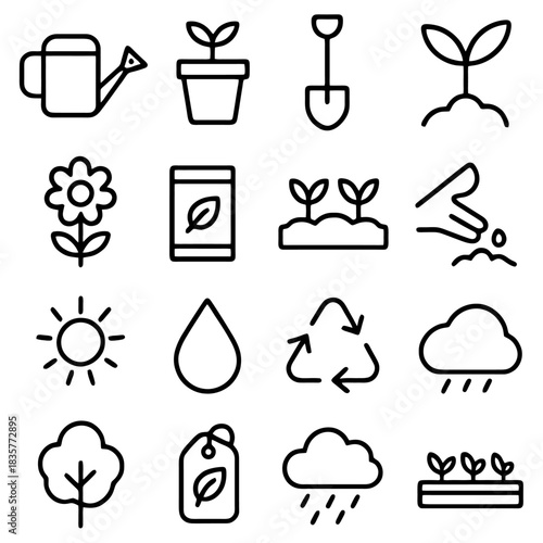 Gardening Icon Set: A comprehensive collection of gardening icons, depicting essential tools and elements such as watering can, potted plant, shovel, sprout, flower, seed packet, seedlings, hand, sun.