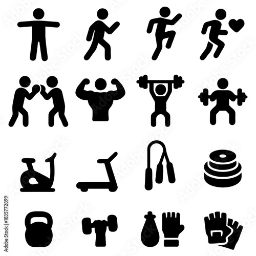 Gym and Sports Icons Set: A comprehensive collection of stylized icons, depicting a variety of exercises and equipment. This set includes icons representing physical activity, fitness.
