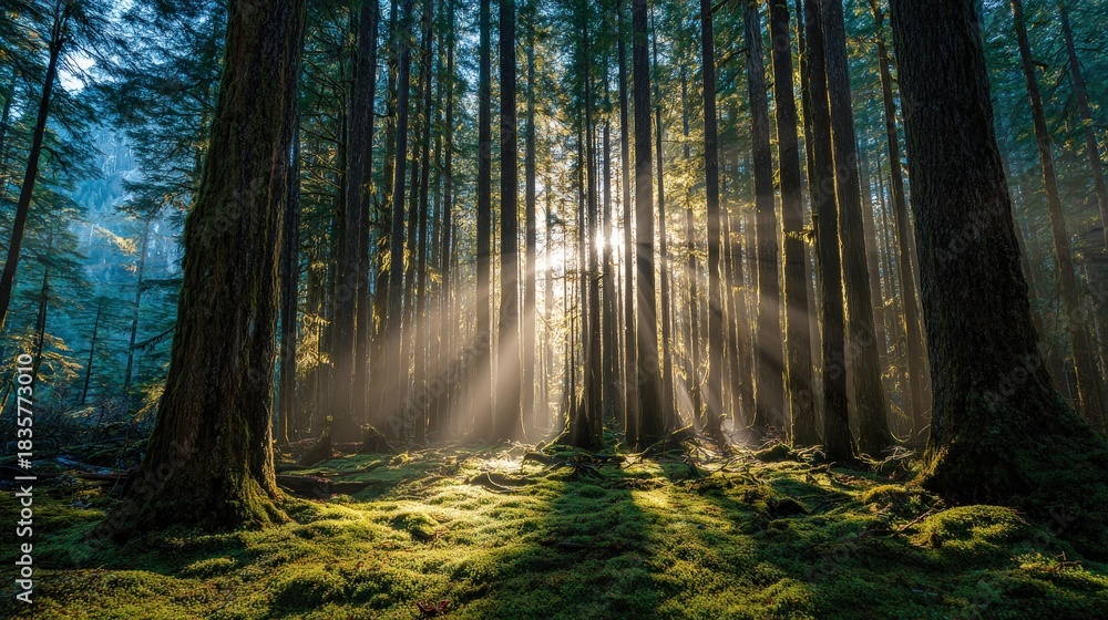 Obraz premium A tranquil forest scene with tall trees, sunlight streaming through, creating a serene atmosphere on a mossy forest floor.