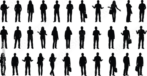 Large collection of diverse standing silhouettes of men and women, representing modern people, gestures, communication, casual poses, teamwork, lifestyle concepts