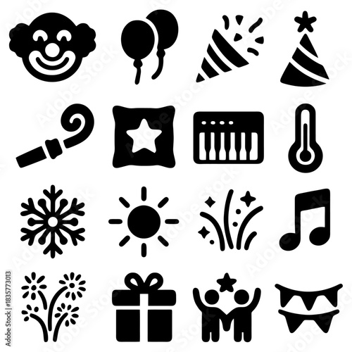 Party Icon Set: A cheerful collection of icons representing various elements of a party, each meticulously crafted to bring joy and celebration to your projects.