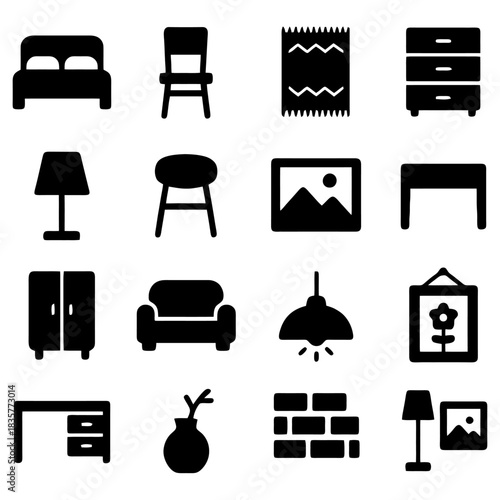 Home Interior Icons: A collection of meticulously crafted, minimalistic icons, showcasing essential elements for home decor and furnishings, perfect for design concepts.