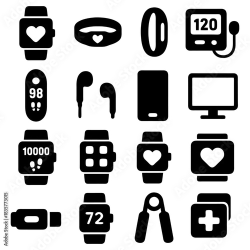 Health Gadgets & Accessories: A diverse collection of modern health-related gadgets, symbols, accessories, and technology. Including smart watches, fitness tracker, and monitoring devices.