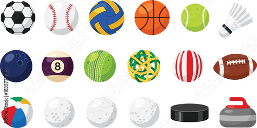 Collection of various sports balls and equipment icons including soccer, basketball, tennis, volleyball, bowling, football, golf, hockey and curling