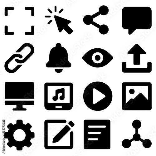 Digital Interface Icon Set: A comprehensive collection of modern digital interface icons in a streamlined monochrome style, perfect for web and app design.