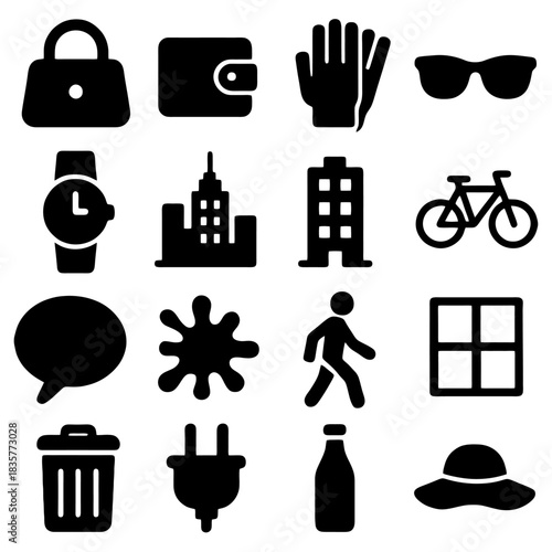 Modern Iconography: A minimalist representation of everyday life with bold black icons on a neutral field. The set includes a handbag, wallet, gloves, sunglasses, watch, building, bicycle.