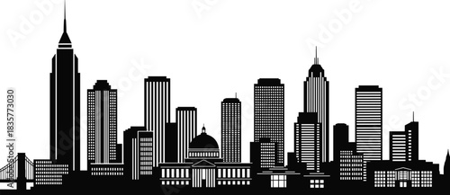 Modern city skyline silhouette with skyscrapers and urban buildings, detailed metropolitan panorama illustration for architecture, cityscape design, and background use