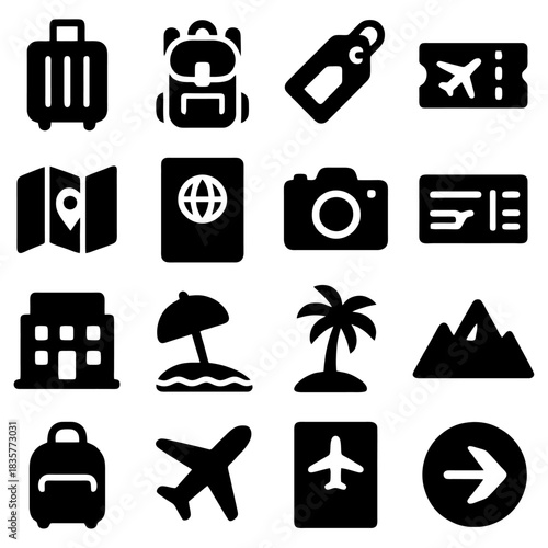 Travel Essentials Icons: A collection of simple, stylized icons representing essential elements of travel. These monochrome symbols encapsulate the spirit of adventure.