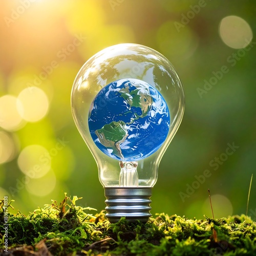 The planet Earth encased in a lightbulb, nature background
