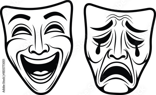 Comedy and tragedy theatre masks illustration showing emotional performance expressions, classic drama symbol artwork for acting, stage arts and dramatic storytelling concepts