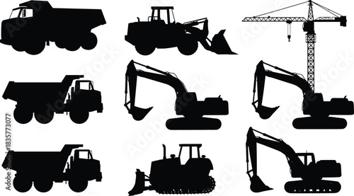 Construction vehicle silhouettes including dump trucks, excavators, bulldozer, tower crane, heavy machinery equipment set for industrial building work and engineering projects