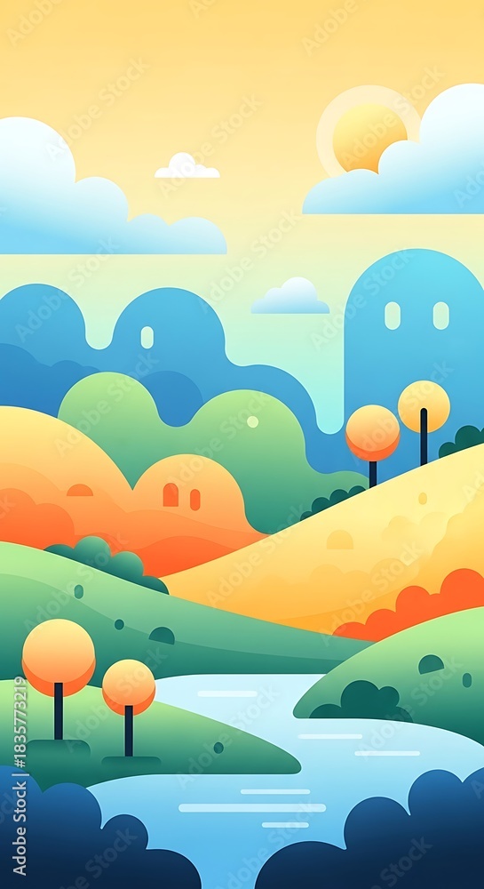 Fototapeta premium Stylized Landscape with River and Rolling Hills Illustration.