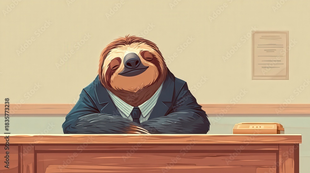 Obraz premium A relaxed sloth in a suit sits confidently at a desk, exuding a calm, humorous atmosphere in a whimsical office setting.
