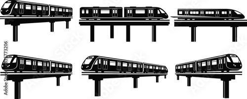 Elevated metro train silhouette set showing modern transit vehicles on railway tracks, urban transportation illustration for public transport, city infrastructure and travel concepts