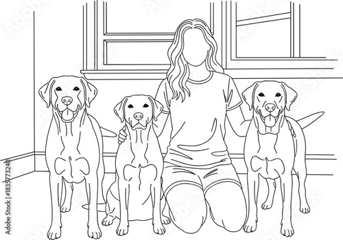 Faceless woman sitting indoors with three dogs, friendly pets posing together, outline illustration of companionship, domestic animals and owner bonding