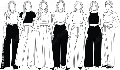 Fashion illustration of stylish women in wide-leg pants, trendy outfits, modern apparel, minimal line art, contemporary clothing design reference