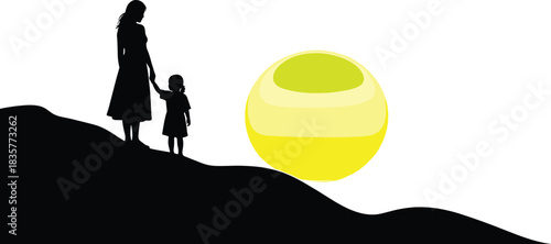 Silhouette mother and child holding hands on hill, glowing sun background, family love illustration symbolizing care, bonding, parental guidance concept artwork