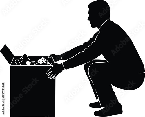 Silhouette man squatting while organizing items inside box, packing belongings, storage preparation, moving supplies illustration for workplace, home, decluttering concept artwork