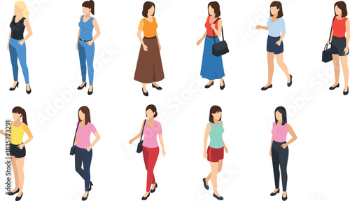 Fashionable women standing and walking illustration set featuring modern outfits, casual style poses, trendy female characters, lifestyle fashion design elements