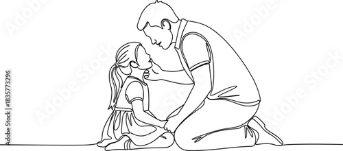 Father comforting daughter in tender family moment, continuous line drawing showing love, parenting, emotional support, care, bonding, and affection