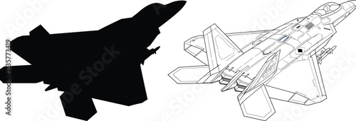 Fighter jet silhouette and detailed line art illustration, military aircraft design, combat plane graphic, aviation concept for defense and aerospace artwork
