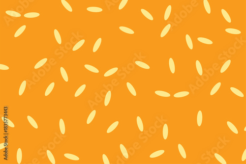 Seamless sesame seed pattern on an orange background. Simple repeating food texture for packaging, wrapping paper, bakery design, illustrations, and playful graphic decoration. Vector style.