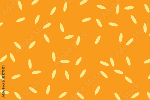 Seamless sesame seed pattern on an orange background. Simple repeating food texture for packaging, wrapping paper, bakery design, illustrations, and playful graphic decoration. Vector style.