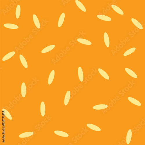 Seamless sesame seed pattern on an orange background. Simple repeating food texture for packaging, wrapping paper, bakery design, illustrations, and playful graphic decoration. Vector style.