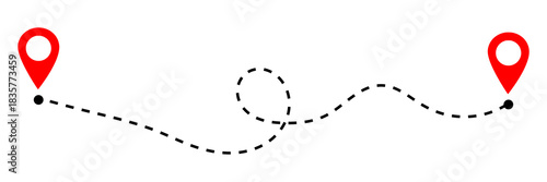 Vector route illustration with two red location pins connected by a dotted path. Simple navigation line design for maps, tracking routes, travel direction, delivery path, and GPS interface elements.