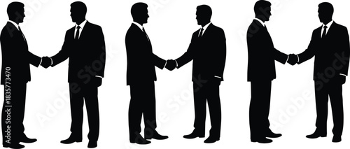 Silhouettes of businessmen shaking hands, professional agreement gesture, corporate partnership concept, successful deal illustration symbolizing teamwork, cooperation, trust in business