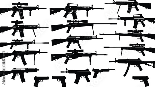 Firearm silhouette illustration set featuring rifles, pistols, and weapon outlines, military equipment icons for reference, catalog, education, and design projects