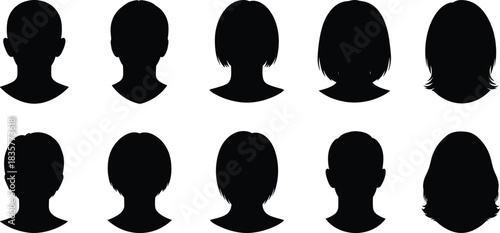 Silhouettes of diverse head profiles, male and female face outlines for design, avatar creation, graphic elements, minimalist people illustration set
