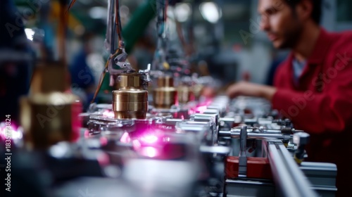 Advanced Automotive Production Line Technician Working with Robotic Arms in Cinematic Lighting - Candid Shot with Glow Highlight and Fill the Frame