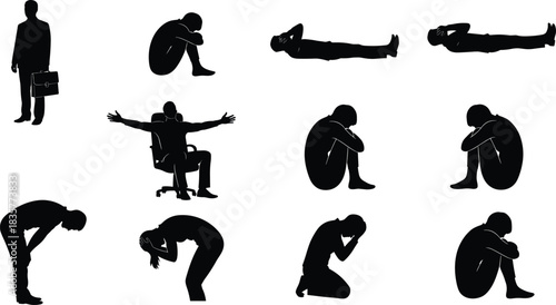 Silhouettes of stressed and depressed people in various emotional poses, despair, exhaustion, sadness, mental struggle illustration for psychological concept artwork