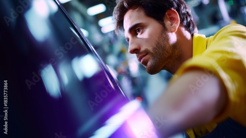 Automotive Technician at Work: Robotic Arms Assembly Line in Cinematic Lighting.