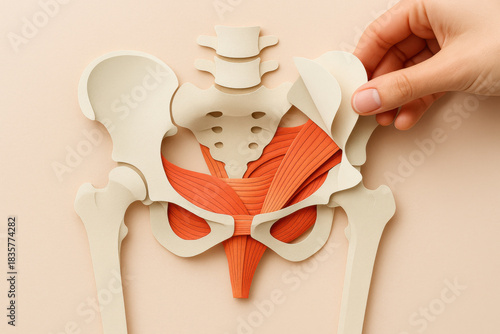 Hand reveals muscle layers on papercut pelvic bone model. creative medical anatomy learning concept for human health showing complex and detailed body structure