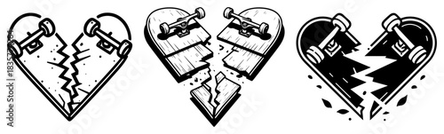 Set of broken skateboard decks arranged in heart shapes vector tattoo illustration
