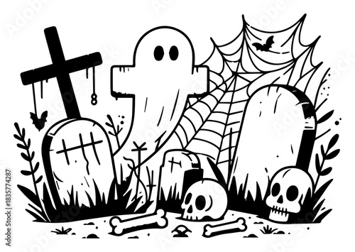 Spooky Halloween graveyard scene with ghost tombstones and spiderweb vector sketch