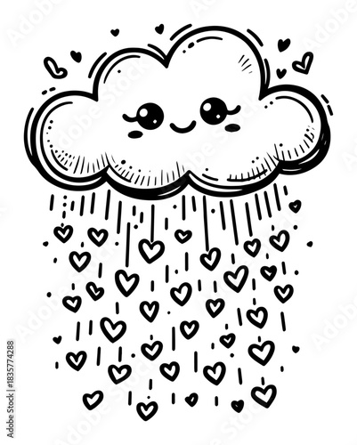 Cute smiling cloud raining hearts hand drawn vector doodle illustration