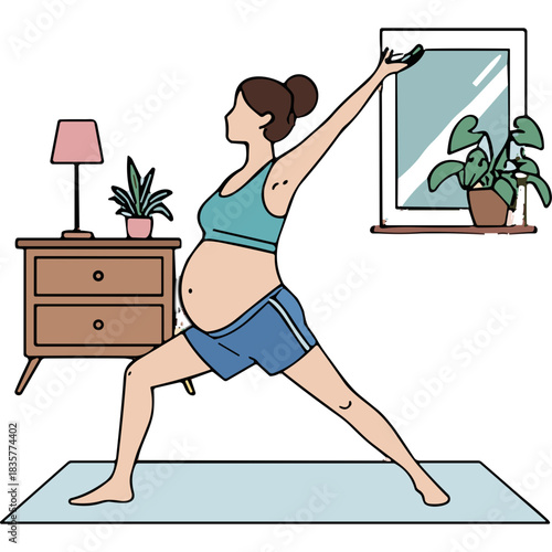 Pregnant Woman Practicing Warrior II Yoga Pose in a Bright Room with Plants and a Window During Daylight