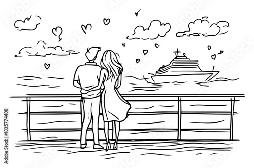 Romantic couple looking at cruise ship on sea horizon with hearts vector sketch